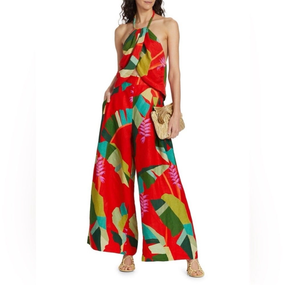 Farm Rio Heliconia Red Floral Print Wide Leg Linen Pants Size Small - Picture 2 of 12